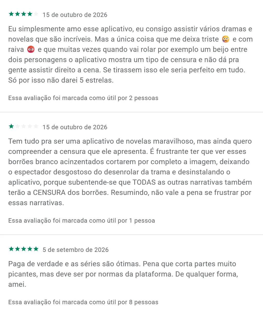 Avaliações do PineDrama na Google Play do Brasil, de setembro e outubro de 2026. A gente borrou os nomes.