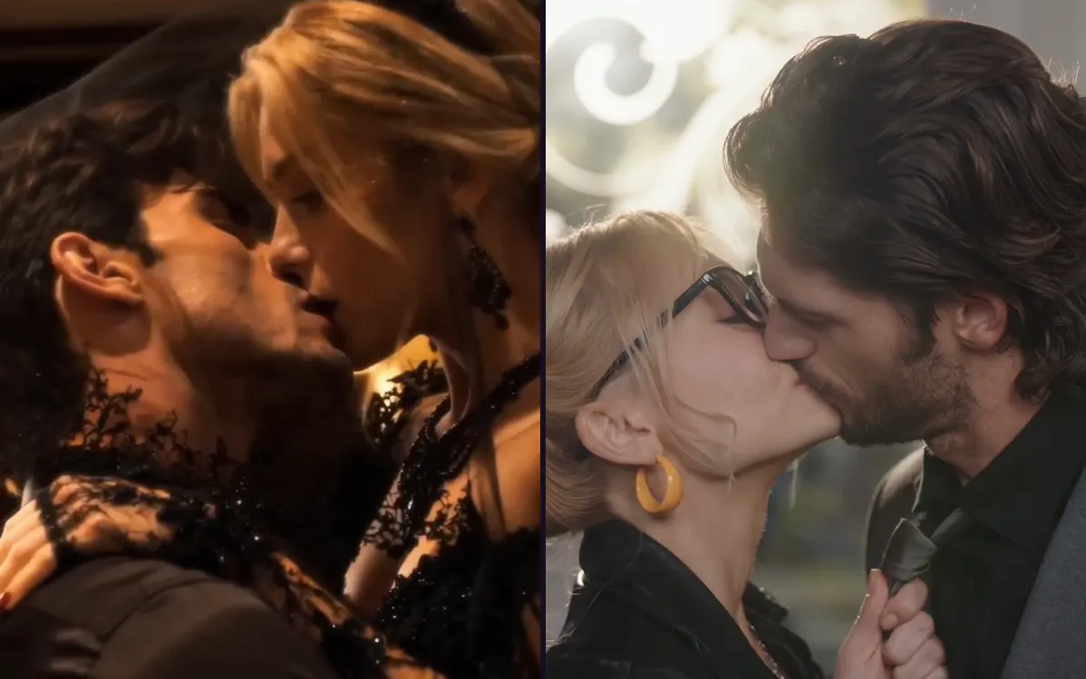 Beijos no episódio 1 de Na Cama com Meu Cunhado (à esquerda) e Beije-me 99 vezes por dia (à direita), no site oficial do ReelShort, sem borrão.