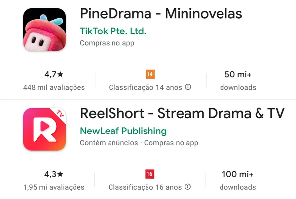 O topo das páginas do PineDrama (14 anos) e do ReelShort (16 anos) na Google Play do Brasil.